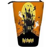 Halloween Telescopic Pencil Stationery Case Pens Storage Box with Zipper Closure for Women Men Boys Girls Silhouette House Ghost Moon Witch Bat Grave Haunted Horror Cemetery
