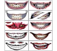 Halloween Temporary Horror Scary Mouth Clown Tattoo Stickers Prank Props Makeup Costume Accessories Face Kit Men or Women Adults Children Cosplay Party Masquerade Pack of 10