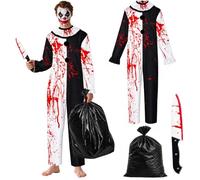 Halloween Terrifier Costume, Scary Killer Clown Jumpsuit Set, Pack of 3 | Black and white clown jumpsuit, adult clown costume with plastic dagger and bag, ideal for Halloween, carnival, cosplay