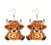 Halloween Thanksgiving Fall Earrings Cute Highland Cow Cattle Black Cat Animals Wooden Dangle Earrings Lightweight Witch Hat Pumpkin Maple Leaf Nut Drop Earring Holiday Party Jewelry Gifts, Acrylic