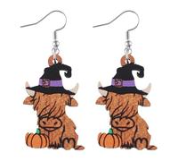 Halloween Thanksgiving Fall Earrings Cute Highland Cow Cattle Black Cat Animals Wooden Dangle Earrings Lightweight Witch Hat Pumpkin Maple Leaf Nut Drop Earring Holiday Party Jewelry Gifts, Acrylic