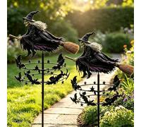 Halloween The Enchanted Witch Garden Wind Spinner, Metal Halloween Yard Art Outdoor Decor, Flying Witch & Bat Windmill with Stable Ground Stake for Garden Patio Pathway (2PC)