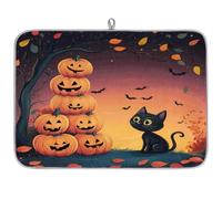 Halloween Theme Black Cat Pumpkins Absorbent Dish Drying Mat for Kitchen Counter, Reversible Microfiber Dish Drying Pad with Hanging Loop for Glassware Utensils Pots 18x24 in
