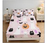 Halloween Theme Microfiber Double Fitted Bed Sheet, Ghost Pumpkin Black Cat Illustration Fitted Sheet Deep 30cm for Double Bed 135×190 cm,Light Pink