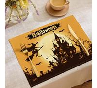 Halloween Theme Placemats 30 x 45 cm Set of 6 | Seasonal Fall Witch'S Broom Castle Table Mats for Party Kitchen Dining Decoration Orange