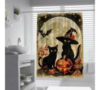 Halloween Theme Shower Curtain Black Cat Pumpkin Bat Moon Bathroom Decor Waterproof Fabric Bath Curtains Set with C-Shaped Hooks 200 x 220 cm