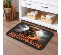 Halloween Themed Cute Bear Bath Mat, Spooky Pumpkin and Bat Design Absorbent Non Slip Shower Rug, Autumn Flannel Washable Bathroom Decor 16x24 Inch