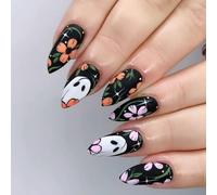 Halloween Themed Dull Finish False Hoofs Highlighting Lovely Specters And Blossomy Designs In Rose Lemon Pitches Halloween Persist Hoofs Blacklime Manifestation Blossomy Art