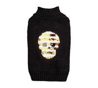 Halloween Themed Funny Medium High Collar Knitted Black Sk.ull With Gol.den & Silver Sequins Embroidered Gol.den Retri. Puppy Sweater Pet Accessories (Black, S)