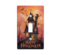 Halloween Themed Light Switch Cover Plate, Spooky House and Bat Design in Orange and Black, Ideal for Fall Decor, Thermoplastic Standard Size Single Toggle
