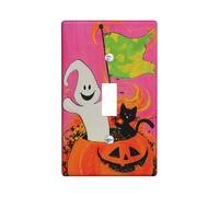 Halloween Themed Light Switch Cover Plates/Outlet Covers, Peach Ghost and Cat in Pumpkin for Festive Wall Decor, Thermoplastic Wall Plates, Standard Size Single Toggle