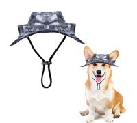 Halloween Themed Pet Bucket Hat for Cats & Small Dogs Adjustable Sun Protection Hat with Ear Holes Cute Spooky Print Summer Outdoor Halloween Costumes Accessory for Kitten Puppy Gray S