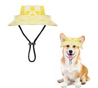 Halloween Themed Pet Bucket Hat for Cats & Small Dogs Adjustable Sun Protection Hat with Ear Holes Cute Spooky Print Summer Outdoor Halloween Costumes Accessory for Kitten Puppy Yellow M