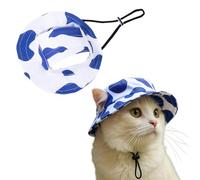 Halloween Themed Pet Bucket Hat for Cats & Small Dogs Adjustable Sun Protection Hat with Ear Holes Cute Spooky Print Summer Outdoor Halloween Costumes Accessory for Kitten Puppy Royal Blue L