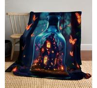 Halloween Throw Blanket 150 x 200cm - Fantasy Art Fairy Tree Wine Bottle House & Bat on orange color - Cozy Flannel - Bed Sofa Couch Throw - Cosy Autumn Home Decor