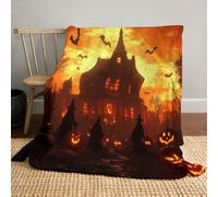 Halloween Throw Blanket 200 x 200cm - Dark Fantasy Witch Castle & Bat on orange color - Cozy Flannel - Bed Sofa Couch Throw - Cosy Autumn Home Decor