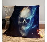 Halloween Throw Blanket 220 x 240cm - Fantasy Art Knight Skull & Bat on yellow blue - Cozy Flannel - Bed Sofa Couch Throw - Cosy Autumn Home Decor