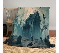 Halloween Throw Blanket 220 x 240cm - horror theme Dead Tree Crow Tombstone & Bat on dark green - Cozy Flannel - Bed Sofa Couch Throw - Cosy Autumn Home Decor