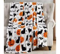Halloween Throw Blanket: Black Cats and Jack O Lantern Pumpkin Print on Soft Fleece for Sofa Bed Couch Chair Dorm
