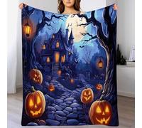 Halloween Throw Blanket Haunted house pumpkin lantern Printed Blanket Super Soft Flannel Throw Blanket Lightweight Fluffy Plush Fuzzy Bed Blanket for Bedding Sofa and Travel220cm x 240cmBlue-Purple
