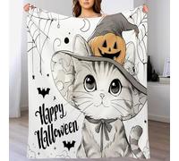 Halloween Throw Blanket Pumpkin Cat Pattern Printed Blanket Super Soft Flannel Throw Blanket Lightweight Fluffy Plush Fuzzy Bed Blanket for Bedding Sofa and Travel200cm x 200cmGrey