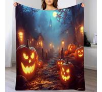Halloween Throw Blanket Pumpkin Countryside Printed Blanket Super Soft Flannel Throw Blanket Lightweight Fluffy Plush Fuzzy Bed Blanket for Bedding Sofa and Travel220cm x 240cmBlue-Orange