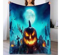 Halloween Throw Blanket Pumpkins cemetery Printed Blanket Super Soft Flannel Throw Blanket Lightweight Fluffy Plush Fuzzy Bed Blanket for Bedding Sofa and Travel220cm x 240cmSapphire Blue