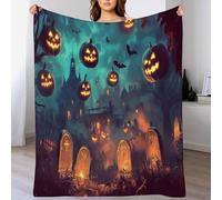 Halloween Throw Blanket Pumpkins tombstones Printed Blanket Super Soft Flannel Throw Blanket Lightweight Fluffy Plush Fuzzy Bed Blanket for Bedding Sofa and Travel150cm x 200cm Blue