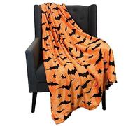 Halloween Throw Blanket: Soft Black Bats Silhouette on Orange Velvet Fleece for Sofa Bed Couch Chair Dorm
