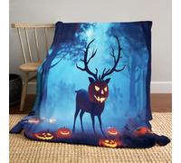 Halloween Throw Blankets - Fantasy Art Pumpkin Deer Flannel Blankets for Couch, Sofa, Bed, Chair Decor - 130 x 150cm - blue