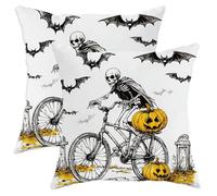 Halloween Throw Pillow Covers Set of 2, Black and Yellow Skeleton Bicycles Design Cushion Cases, Spooky Decorative Square Covers for Home Couch Sofa Bed 18x18 Inch