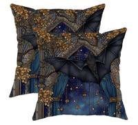 Halloween Throw Pillow Covers Set of 2, Black Bat and Gold Leaves Decorative Cushion Cases, Spooky Seasonal Farmhouse Decor for Home Sofa Bed Couch 24x24 Inch