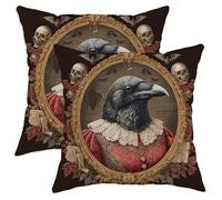Halloween Throw Pillow Covers Set of 2, Black Crow and Skull Decorative Cushion Case, Vintage Gothic Home Decor for Sofa Couch 24x24 Inch