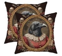 Halloween Throw Pillow Covers Set of 2, Black Crow and Skull Decorative Cushion Case, Vintage Gothic Home Decor for Sofa Couch 18x18 Inch