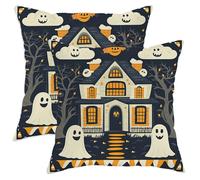 Halloween Throw Pillow Covers Set of 2, Black Ghost Haunted House Cushion Cases, Spooky Decorative Square Home Decor for Sofa Couch 24x24 Inch