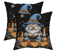 Halloween Throw Pillow Covers Set of 2, Black Gnome Reading with Pumpkins Decorative Square Cushion Covers for Autumn Home Sofa Bed Decor 20x20 Inch