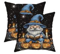 Halloween Throw Pillow Covers Set of 2, Black Gnome Reading with Pumpkins Decorative Square Cushion Covers for Autumn Home Sofa Bed Decor 26x26 Inch