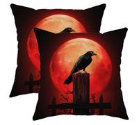 Halloween Throw Pillow Covers Set of 2, Black Raven and Red Moon Decorative Square Cushion Cases for Spooky Home Decor, Perfect for Sofa and Couch 28x28 Inch