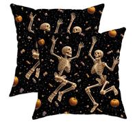 Halloween Throw Pillow Covers Set of 2, Black Skeleton and Pumpkin Decorative Cushion Covers for Spooky Home Decor, Fun Outdoor Fall Style 26x26 Inch