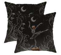 Halloween Throw Pillow Covers Set of 2, Black Skeleton Pumpkin Dancer Cushion Cases, Spooky Decorative Square Home Decor for Sofa Couch Bed 14x14 Inch