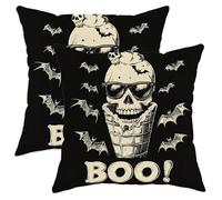 Halloween Throw Pillow Covers Set of 2, Black Skull Ice Cream Cone Decorative Cushion Covers, Spooky Home Decor for Sofa Couch Bed 20x20 Inch
