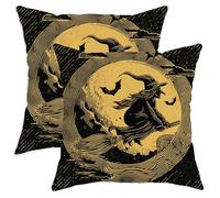 Halloween Throw Pillow Covers Set of 2, Black Witch and Bat Print Cushion Cases, Spooky Decorative Square Home Decor for Sofa Bed Couch 16x16 Inch