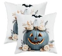 Halloween Throw Pillow Covers Set of 2, Blue Pumpkin Ghost Floral Cushion Cases, Festive Decorative Square Farmhouse Decor for Home Sofa Bed Couch 22x22 Inch