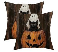Halloween Throw Pillow Covers Set of 2, Cat and Ghost Pumpkin Decorative Cushion Cases, Festive Farmhouse Decor for Sofa Couch Bed 28x28 Inch