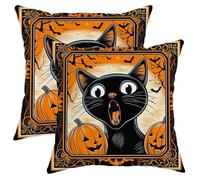 Halloween Throw Pillow Covers Set of 2, Cat and Pumpkin Decorative Cushion Cases, Spooky Farmhouse Decor for Home Sofa Bed Couch 22x22 Inch