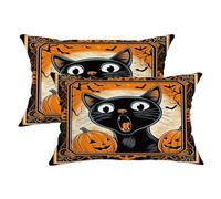 Halloween Throw Pillow Covers Set of 2, Cat and Pumpkin Decorative Cushion Cases, Spooky Farmhouse Decor for Home Sofa Bed Couch 20x12 Inch