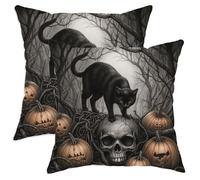 Halloween Throw Pillow Covers Set of 2, Cat and Pumpkin Skull Design Decorative Cushion Covers for Spooky Home Decor, Perfect for Sofa Couch Bed 24x24 Inch