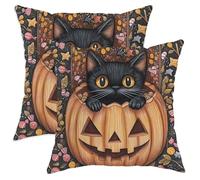 Halloween Throw Pillow Covers Set of 2, Cat Pumpkin Decorative Cushion Cases, Autumn Farmhouse Decor for Home Sofa Bed Couch 14x14 Inch