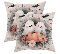 Halloween Throw Pillow Covers Set of 2, Cream Ghosts and Pumpkin Decorative Cushion Cases, Autumn Home Decor for Sofa Couch Bedroom 14x14 Inch