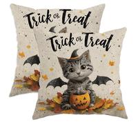 Halloween Throw Pillow Covers Set of 2, Cute Cat with Pumpkin and Bat Design, Autumn Decorative Square Cushion Covers for Home Sofa Bed Couch 12x12 Inch